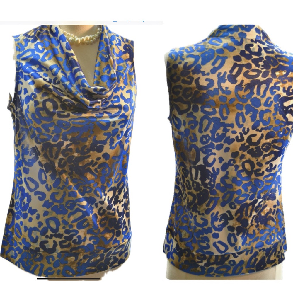 Alfani Blue and Gold Animal Print Cowl neck sleeveless shell .